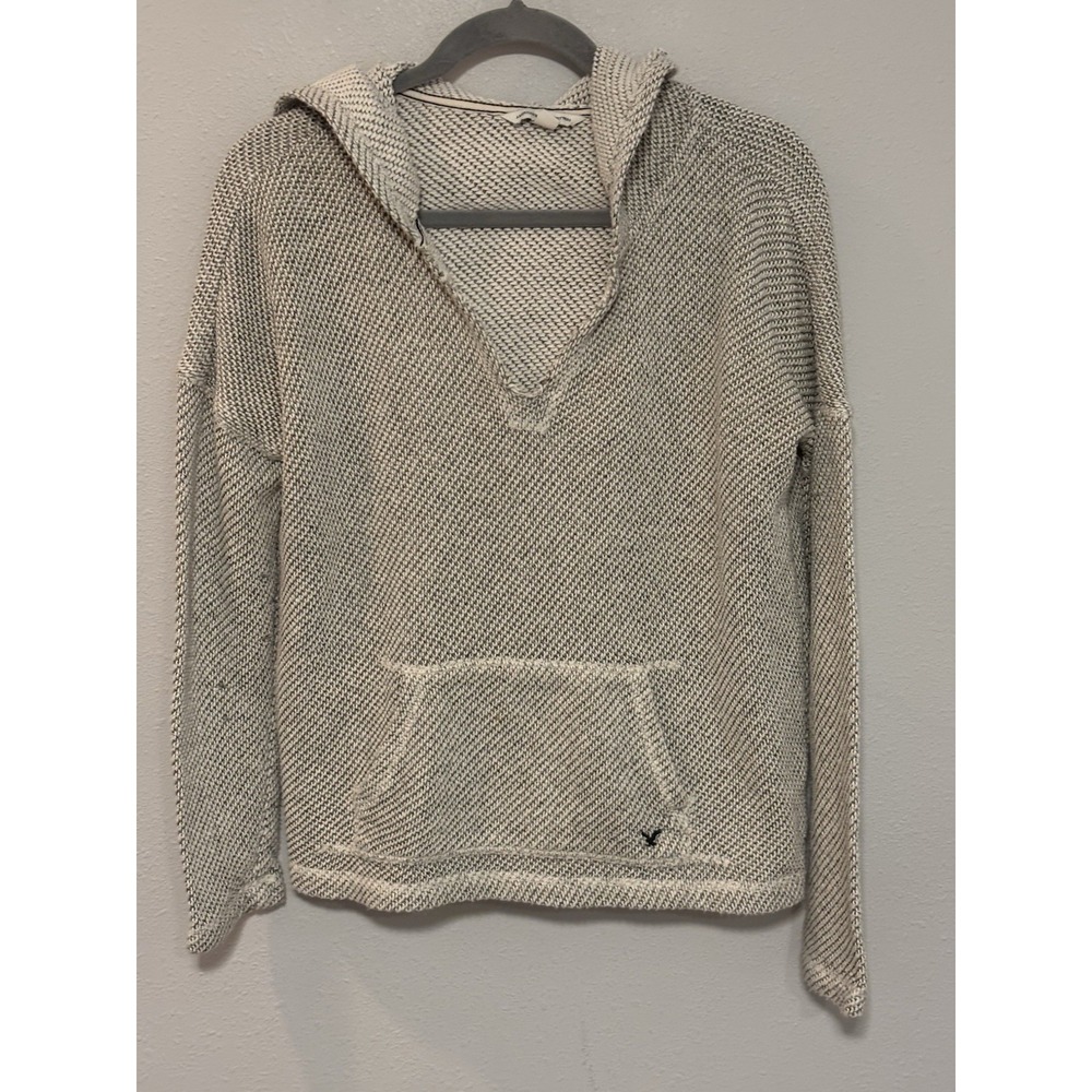 American Eagle Knit Hoodie Cream Textured Sweater Pullover Cozy Minimalist M - Picture 2 of 7